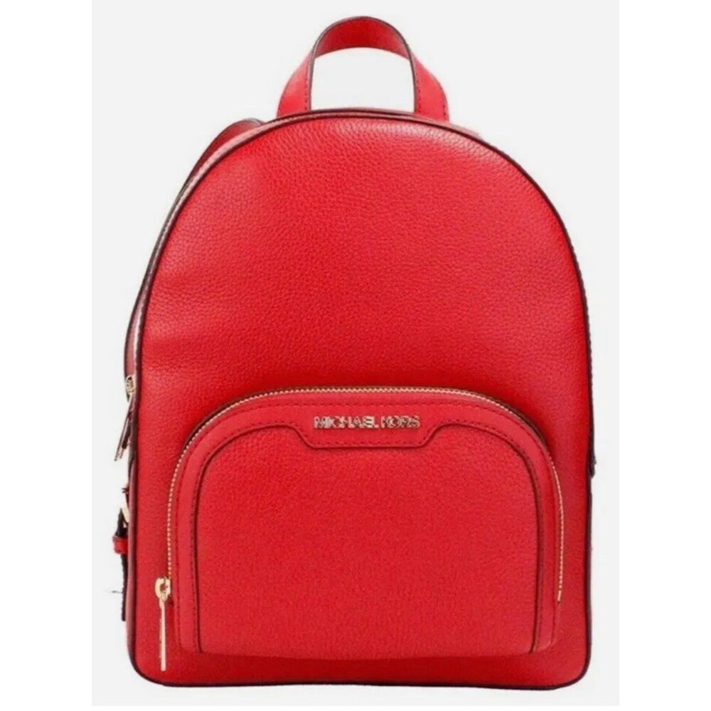 New Michael Kors Jaycee Medium Zip Pocket Backpack Leather Bright Red